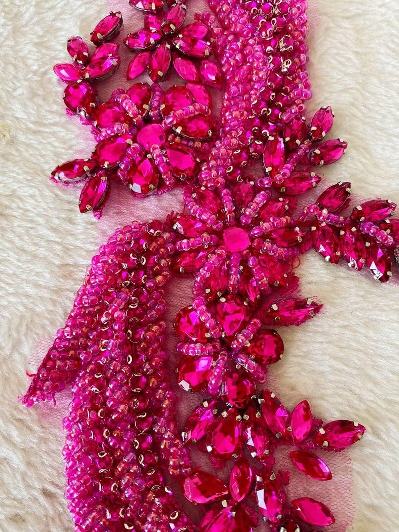 wtbvn Handsewing rhinestones beads lace applique Wing shape decoration accessories trim patches one pair (rose red) - Image 3